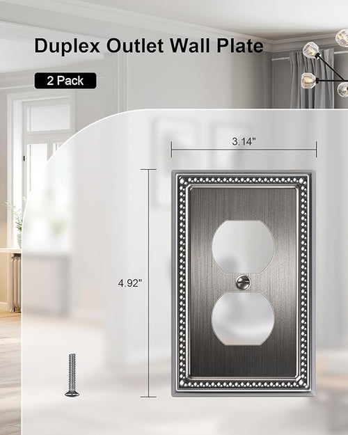 2-Pack Duplex Outlet Cover, Silver Metal Wall Plates for Electrical Outlets, 1 Gang Receptacle Light Switch Cover, Pearls Beaded Decorative Switch Plates and Outlet Covers