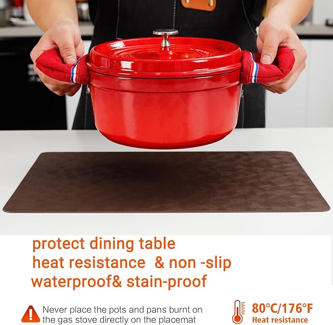 Vinyl Placemats Set of 12 Heat Resistant Easy Clean Non-Slip Place Mats for Dining Table Faux Leather Waterproof Stain Resistant Wipeable Washable PVC Table Mats(12, Brown)