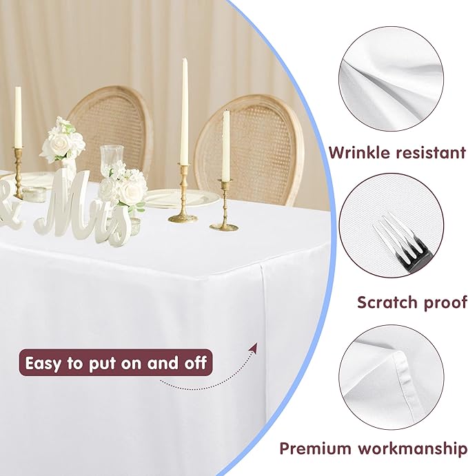 HolidayIdeas Fitted White Tableclothes - 72 x 30 Inch - 2 Pack Rectangle Table Covers for 6 Foot Tables, Polyester Fabric Tablecloths for Christmas, Parties, Wedding, Trade Show