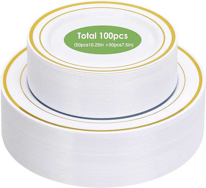 Moretoes 100PCS Gold Plastic Plates Disposable,Party Plates White Gold Rim, 10.25inch Dinner Plate and 7.5inch Dessert Salad Plate for Wedding Party and Birthday