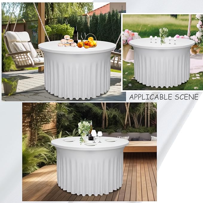 4 Pack White Round Table Skirt, 48 Inch Diameter x 30 Inch Height, Stretch Polyester Spandex Tablecloth for 4ft Round Tables, Stain & Wrinkle Resistant for Wedding, Party, Banquet Decor