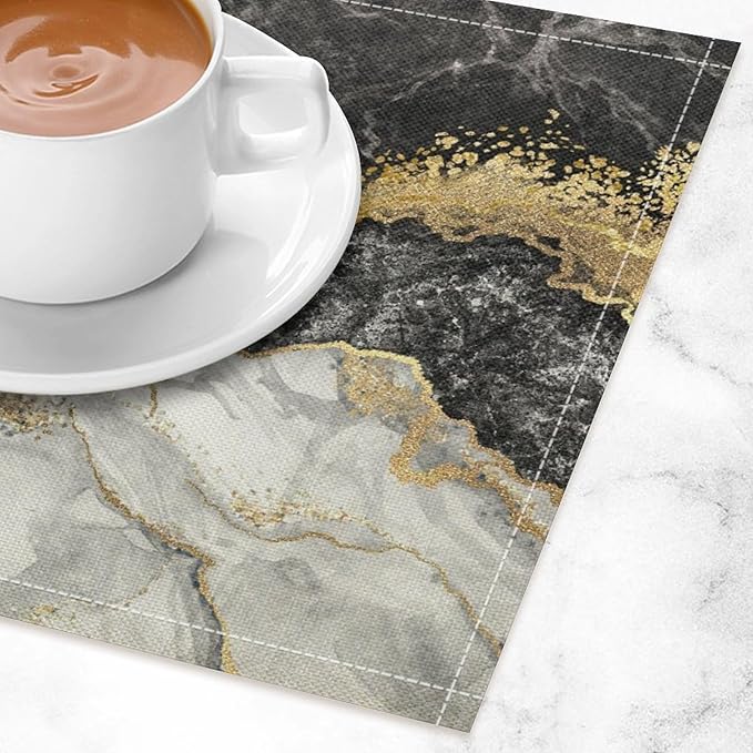 Marble Linen Place Mats Set of 2, 12x17 Inch Modern Luxury Texture Black Grey Gold Marble Washable Fabric Non-Slip Placemats for Home Dining Table Banquets Party Kitchen Decoration