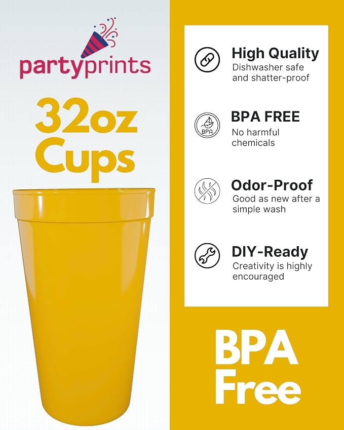PartyPrints 10 Pack 32 oz Yellow Blank Plastic Cups, Colored Plastic Drinking & - Image 2