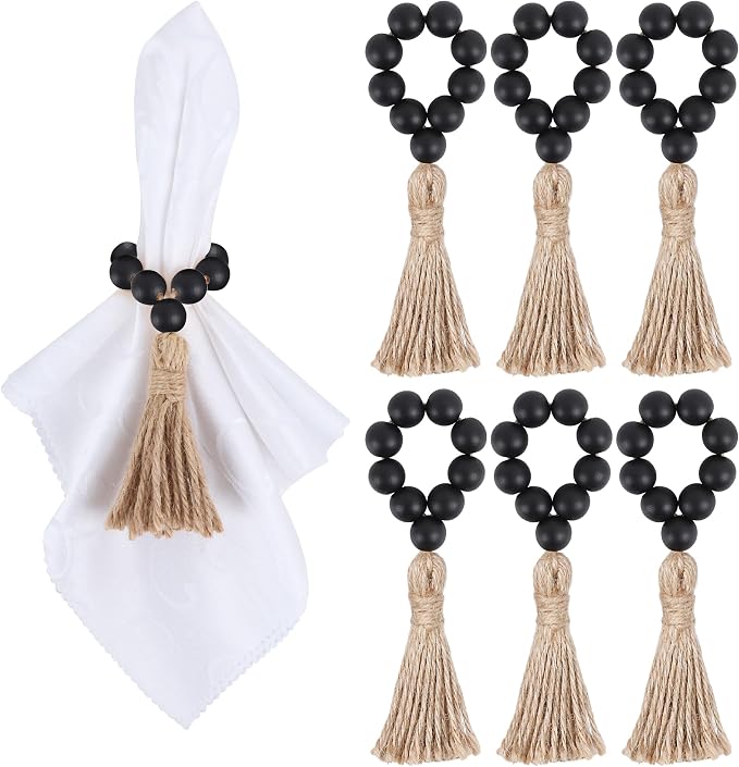 Meplait 6 Pack Wooden Bead Napkin Rings, Boho Farmhouse Table Decor, by Meplait