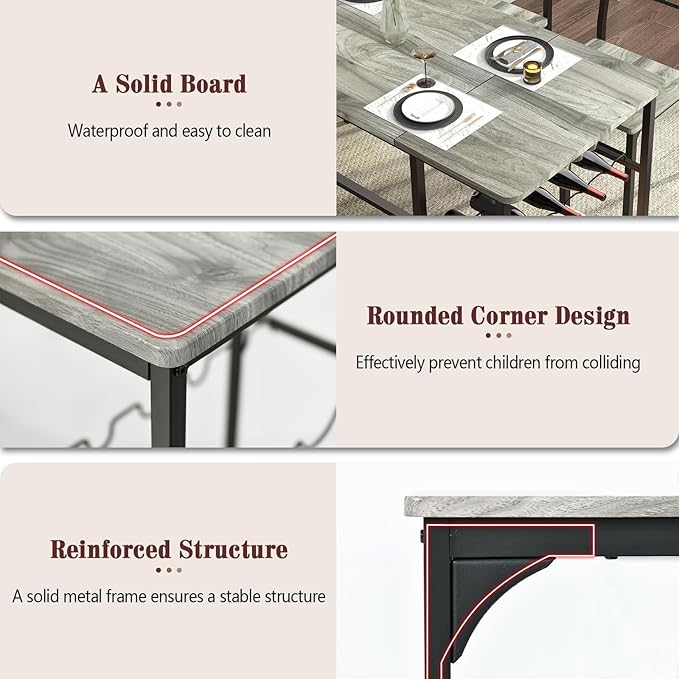 4 EVER WINNER Dining Room Table Set for 4, 55" Kitchen Table Set with Storage Shelf, Wine Rack & Wine Glasses Holder, Dining Table for 4 with Chairs and Bench for Dining Room, Kitchen, Grey