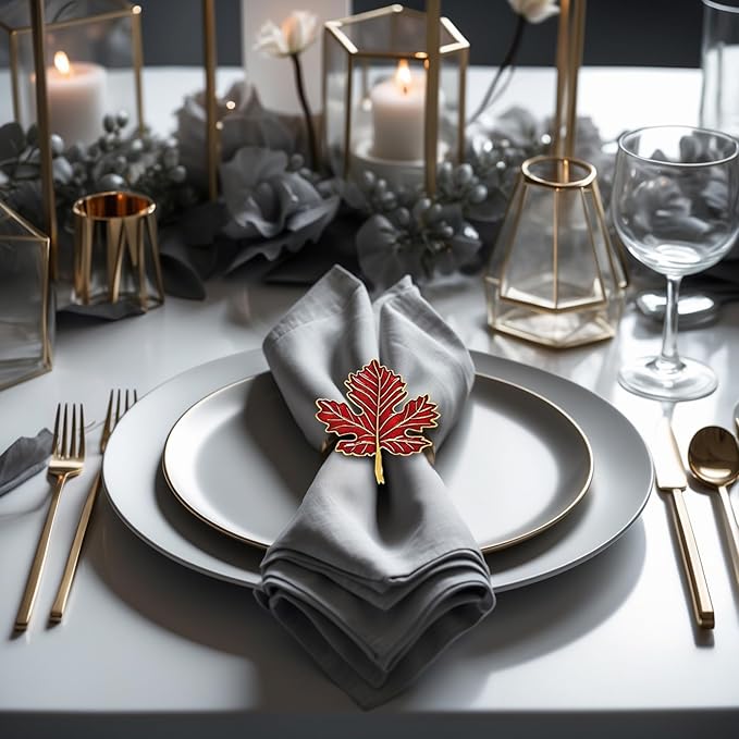 Decozen Set of 8 Red Gold Napkin Rings in Leaf Design, Festive, Table Decor Setting for Holiday, Wedding, Birthday, Kitchen, Home Decor, Housewarming Gift - Thanksgiving & Christmas Gift Decoration