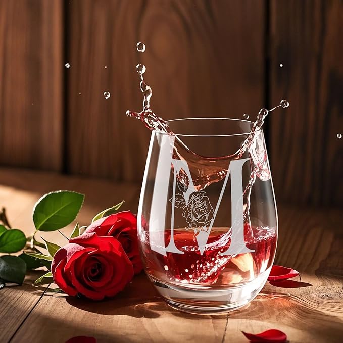 Valentines Day Gifts for Her, Gifts for Women Her Friend Mom Grandma Wife Sister Bridesmaid Nurse, Birthday Galentines Mothers Day Christmas, Personalized Initial Customized Wine Glasses 18OZ(M)