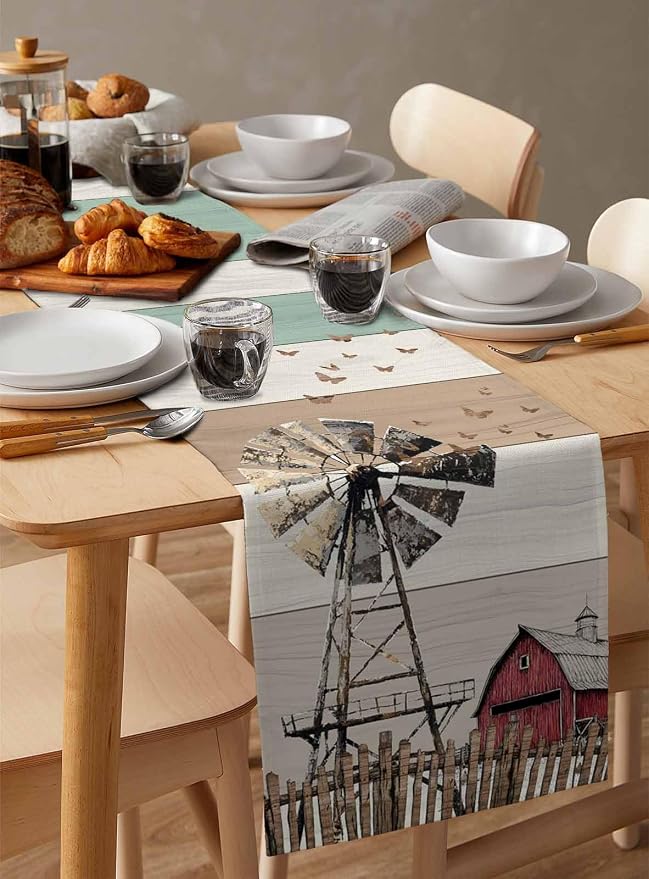 Farmhouse Windmill Short Table Runners 36 Inches, Cotton Linen Fabric Table - Image 3
