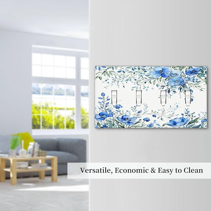 Light Switch Cover Blue Watercolor Flowers Retro Floral Leaves 4 Gang Switch Plate Quad Toggle Wall Plates Decorative Switchplate Electrical Outlet Cover for Bathroom Bedroom Decor