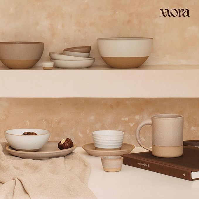 MORA Large Plates Set of 4, 10.5 inch Ceramic Pottery Dinner Plates - Microwave, Oven and Dishwasher Safe - Mushroom
