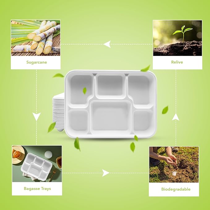 three leaf 6 Compartment Bagasse Tray 150 Ct. Heavy Duty, Super Strong,Eco Friendly Disposable Bagasse Plates,100% Biodegradable Plates, Microwave and Freezer Safe, Ideal for Party, Dinner and Picnic