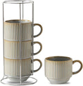 HASENSE Coffee Mug Ceramic Set of 4 - 15 oz Rustic Farmhouse Stackable Ribbed by Hasense