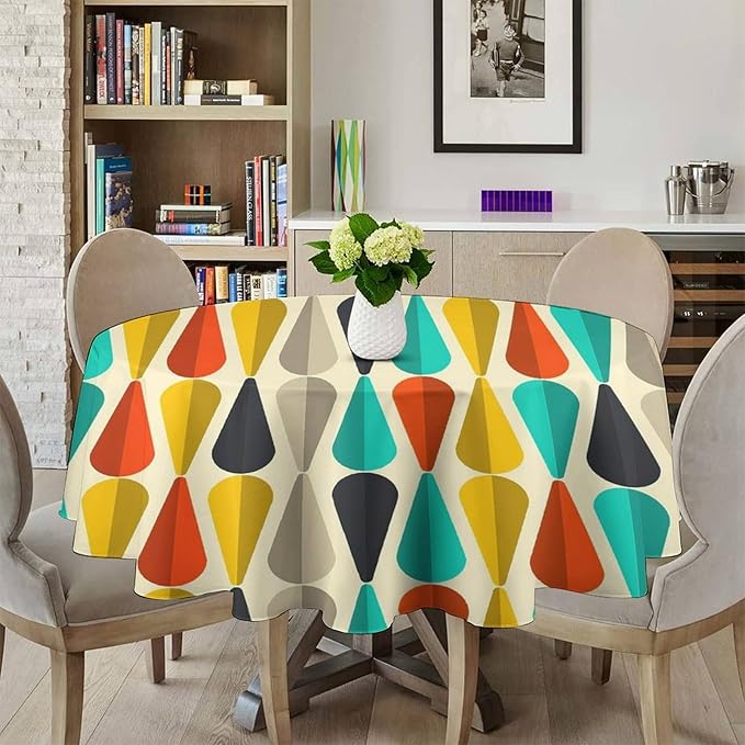 Vintage Bohemian Mid Century Round Tablecloth, Retro 50s 60s Geometric Pattern Print Tablecloth for Home Party Dining Room Kitchen Decor 36Inch(90cm)