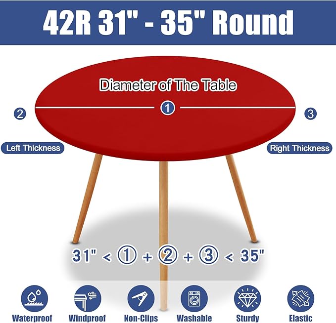 Round Spandex Christmas Tablecloth 2 Pack, Elastic Fitted Waterproof Tablecloths for 31"-35" Tables, Stretch Washable Picnic Table Cover for Camping, Dining, Indoor and Outdoor, Red