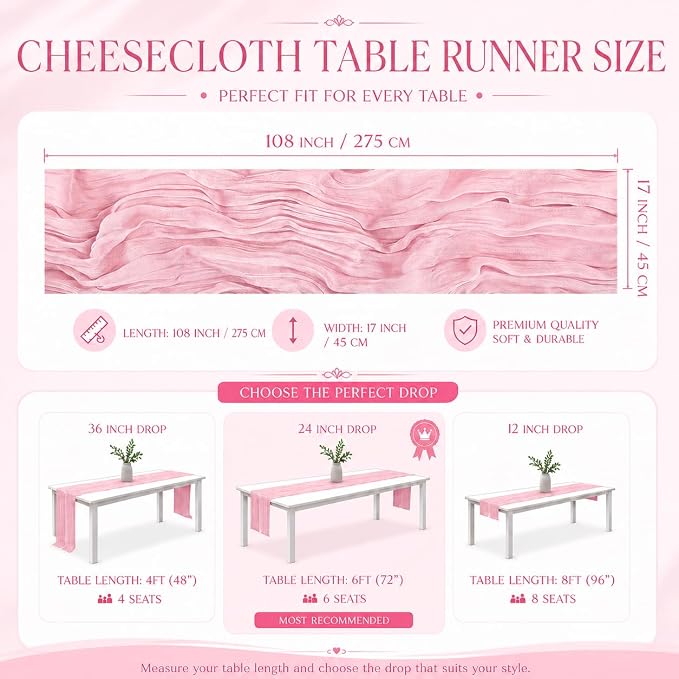12 Pack Pink Cheesecloth Table Runner 17x108 Inch Boho Rustic Semi Sheer Gauze - Image 3
