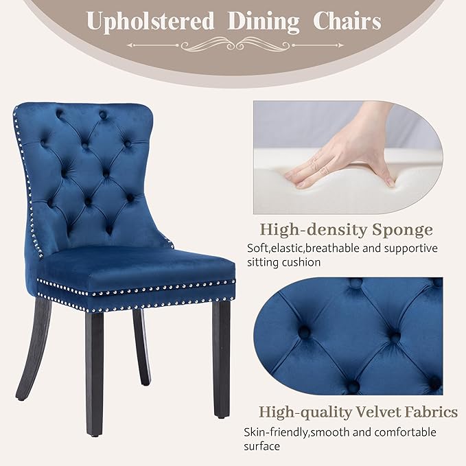 KCC Velvet Dining Chairs Set of 6, Upholstered High-end Tufted Dining Room Chair with Nailhead Back Ring Pull Trim Solid Wood Legs, Nikki Collection Modern Style for Kitchen, Blue