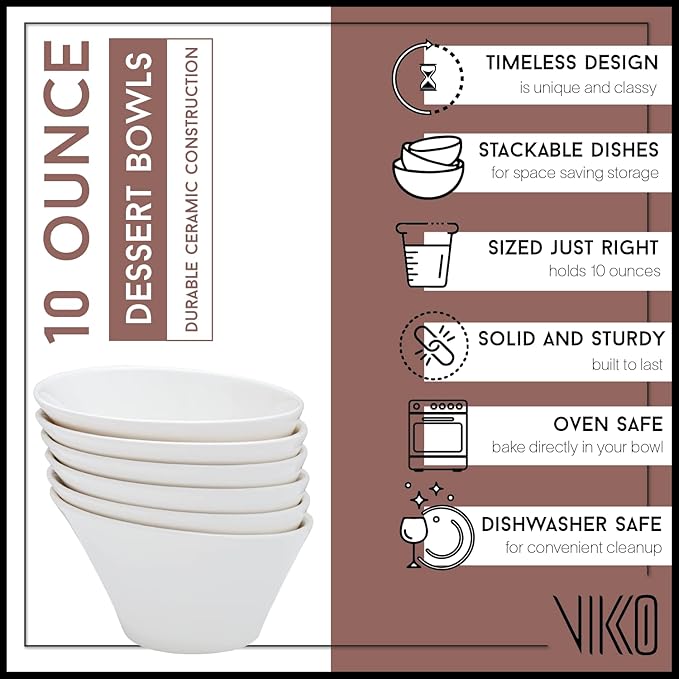Vikko White Soup Bowls, Set of 4 Ceramic White Bowls, 10 Ounce Versatile Salad, Soup Bowl or Dessert Bowl, Elegant Shape, Dishwasher Safe