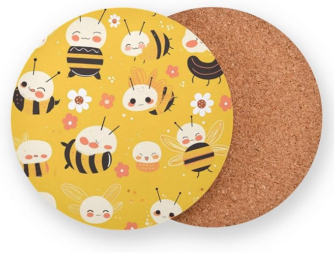 Bees on Yellow 4 Pcs Aesthetic Coasters Cork Tripod, Thermal Pad - Image 2