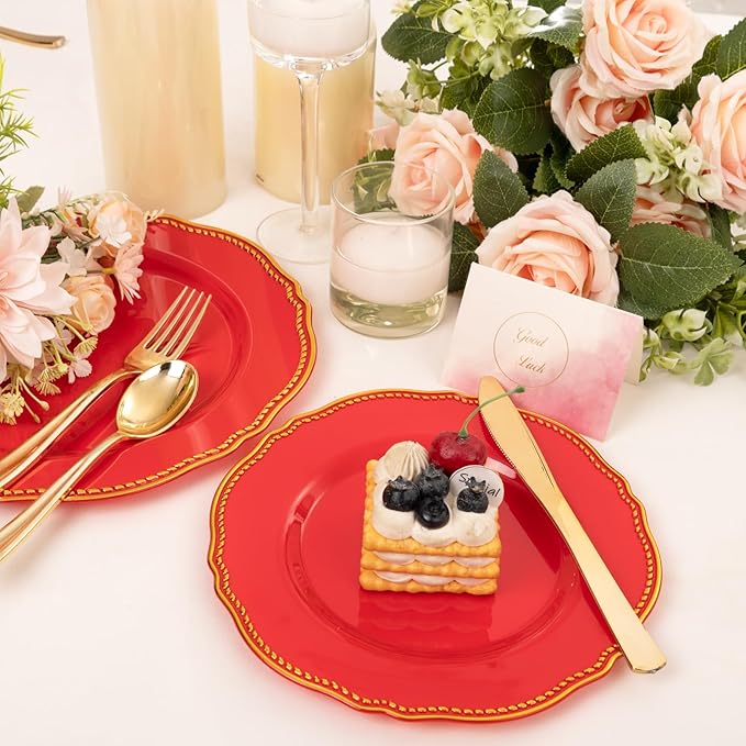 Hioasis 60pcs Red Plastic Plates - Red and Gold Disposable Dinnerware with Gold Rim, Heavy-duty, 7.5 inch, Dessert Plates for Party & Christmas