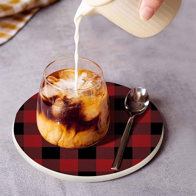 Lumberjack Plaid Pattern Coasters for Drinks 2 Pack Classic Black and Red Buffalo Plaid Tabletop Protection Kitchen and Coffee Table Décor & Accessories,Set of 2