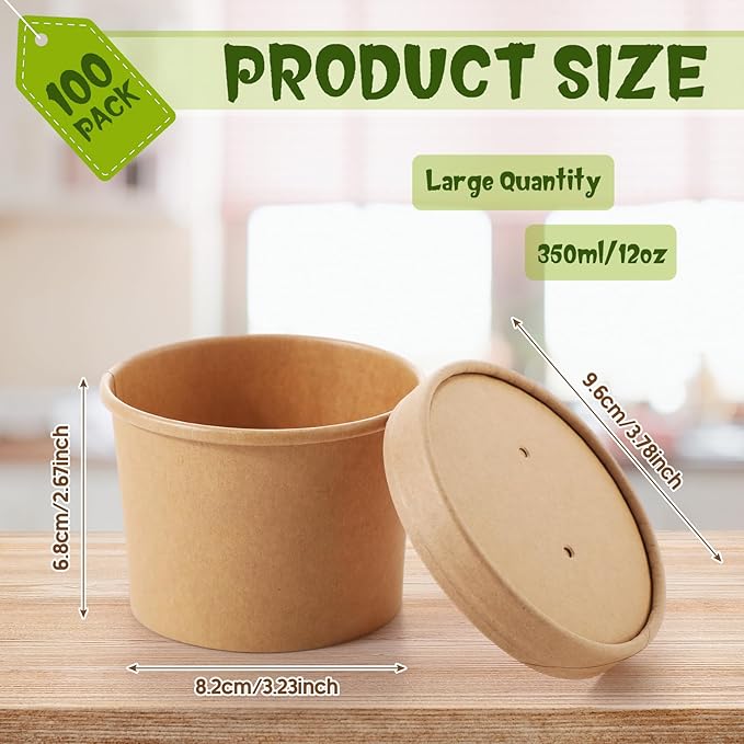 Fulmoon 100 Pack Paper Soup Containers with Lids Disposable Paper Food Containers with Vented Lid Kraft Ice Cream Cake Dessert Cups Soup Bowl for Party Hot Food Fruit Microwave(12 oz,Brown)