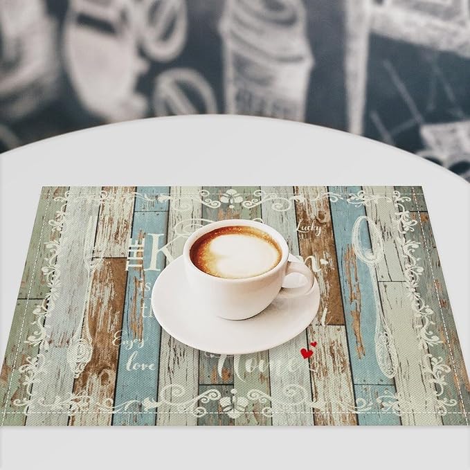 Vintage Farmhouse Placemat Set, Green Blue Rustic Wooden Plank Art Sketch Cutlery Knife Fork Inspirational Quotes Pattern Home Decor Linen Table Mats for Dining Room Kitchen Party (17x12in) x2P
