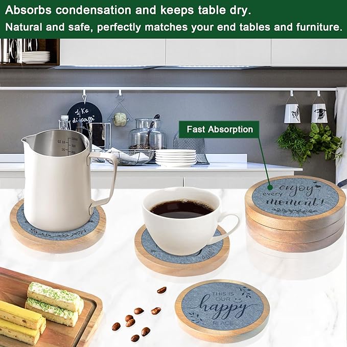 Coasters for Drinks with Holder, Wood Coasters for Drinks Housewarming Gifts for Home Decoration Coasters Sets of 6 4.3 Inch Gray