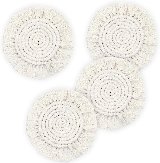 Coomin Boho Coasters for Drinks, Handmade Coasters 7.4in, 4p Beige | Woven by COOMIN