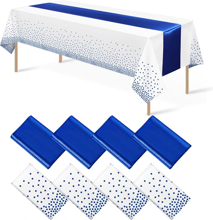 8Pack Disposable Plastic Tablecloths and Satin Table Runner White and Royal by MASHAN