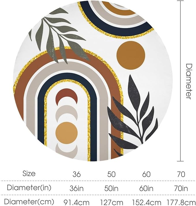 Mid Century Boho Round Tablecloth, Modern Abstract Sun Moon Bohemian Leaves Tablecloth for Home Party Dining Room Kitchen Decor 36Inch(90cm)