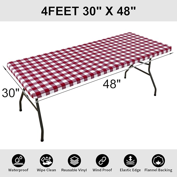 Smiry Rectangle Picnic Table Cloth, Elastic Waterproof Fitted Vinyl Tablecloths, Flannel Backed Buffalo Plaid Table Covers for Dining, Camping, Outdoor (Burgundy and White, 30" x 48")