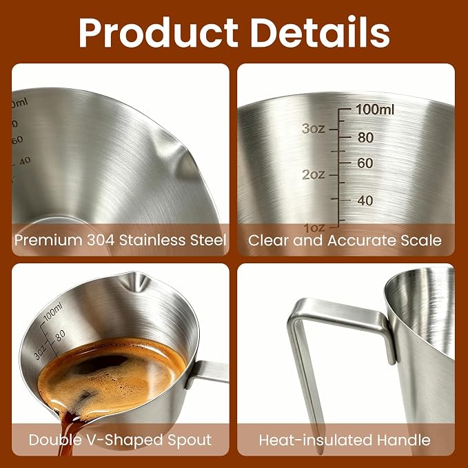 3 Pc Stainless Steel Espresso Shot Cups, 3.4oz/100ml, V-Shaped Mouth - Image 4