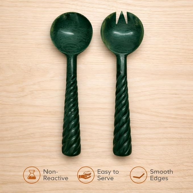 SS CRAFTS INDIA Premium 12.5" Forest Green Marbled Resin Salad Servers | Set of - Image 4