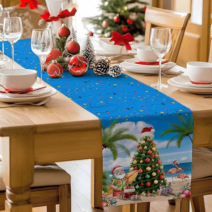 Coastal Christmas Table Runner 120 Inches Long, Xmas Tree Santa Beach Table - Image 9