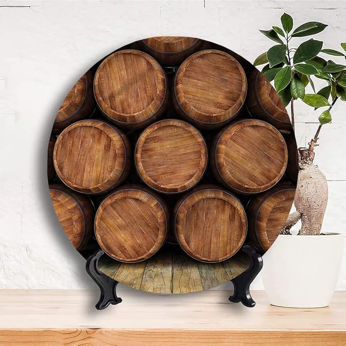 Ceramic Plates, Wine Decorative Ceramic Plates, Wall of Wooden Barrels, 6 Inch, Household Plates Decorative, Multicolor