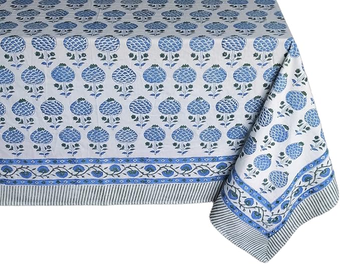 ATOSII Roma Blue 100% Cotton Boho Rectangle Fall Tablecloth, Handblock Floral Print Table Cloth Linen for Kitchen Dining I Parties, Outdoors, Weddings, Christmas, Thanksgiving Decor 60 X 108 Inches