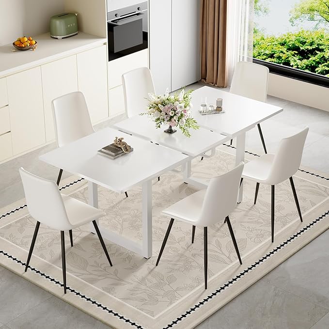 White Dining Table Set for 6, 55"-71" Extendable Dining Room Table Set for 6, Modern Kitchen Table with 6 Upholstered Chairs, Space-Saving for Dining Room Apartment, Easy Assembly