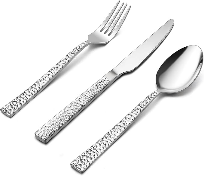 E-far 36-Piece Hammered Silverware Set, Stainless Steel Flatware Set by E-far