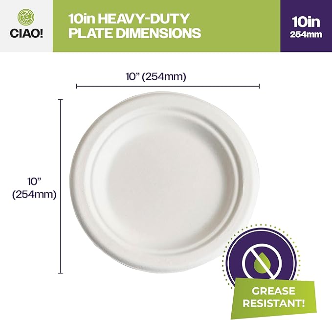 CIAO! 10" Heavy Duty Plate 100% Compostable PFAS Free Unbleached Bagasse Natural White (Pack of 500)