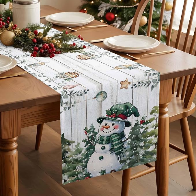 Christmas Snowman Table Runner 120 Inches Long, Xmas Trees Eucalyptus Leaves - Image 3