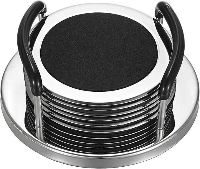 JUXYES Set of 6 Stainless Steel Round Coasters with Holder & Sponge Bottom, Silver Black Metal Cup Coasters Set Stunning Cool Coaster Cups Mats Decor for Restaurant Kitchen bar Dining Table