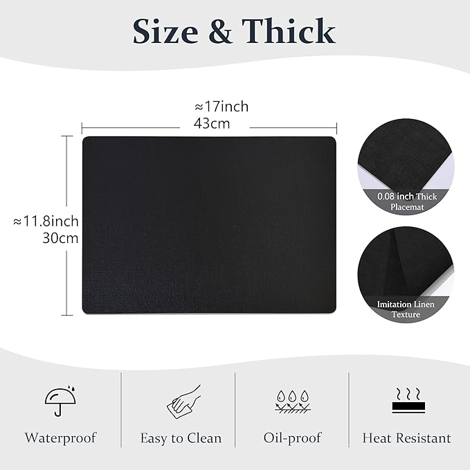 FROMHEART Faux Leather Placemats Set of 6–Waterproof,Heat/Oil Stain-Resistant PU Table Mat–Reversible,Non-Slip,Easy to Clean Place Mats for Kitchen,Dining,Indoor/Outdoor,(Black,11.8" x 17")