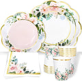 Whaline 100Pcs Pink Floral Paper Tableware Set Spring Flower Gold Foil by Whaline
