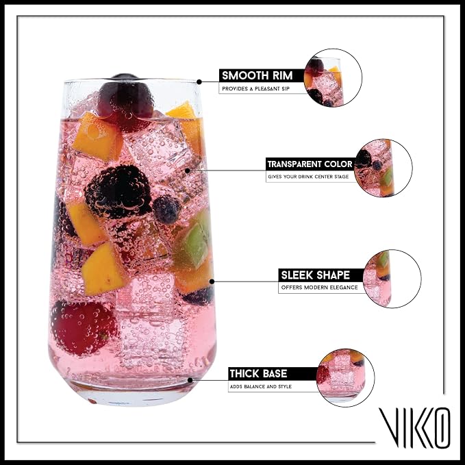 Vikko Drinking Glasses Set of 6, Highball Water Glasses 16.25 Ounce, Premium - Image 3