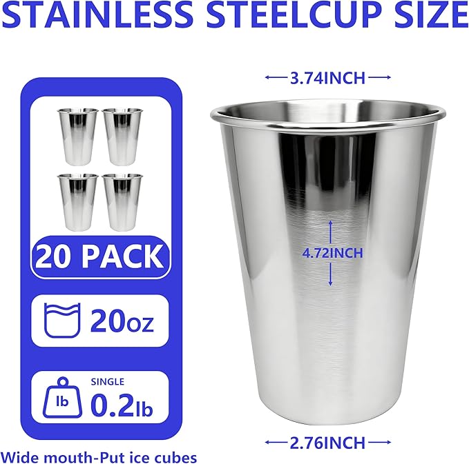20PCS 20-OZ Tainless Steel Cups,Metal Cups, Stainless Steel Pint CupsStackable Unbreakable Drinking Glasses for Party, BBQ Camping, (20)