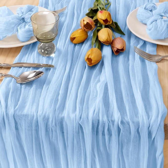 3 Pack Baby Blue Cheesecloth Table Runner 10ft Baby Shower Table Decor | - Image 3