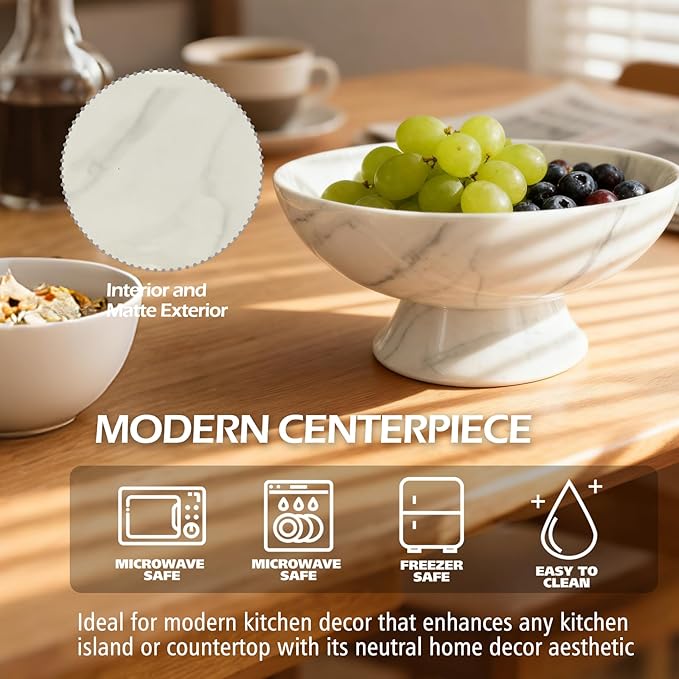 Accessoryway White Marble Texture Pedestal Decorative Bowl - Minimalist Decorative Fruit Bowl for Kitchen Counter, Entryway,Multi-Purpose Centerpiece bowl for Bread, Snacks, Candy-8"