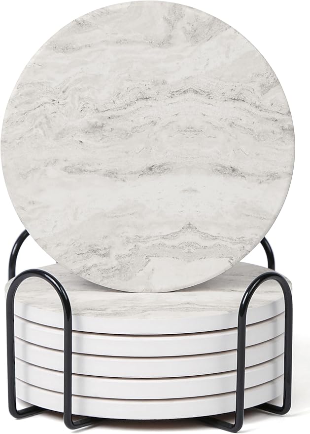Set of 6 Off White Abstract Onyx Marble Coasters by Hoomey