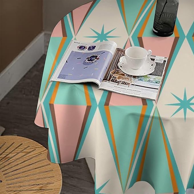 Mid Century Round Tablecloth, Vintage Bohemian Modern Mid-Century 50s 60s Print Tablecloth for Home Party Dining Room Kitchen Decor 50Inch(127cm)
