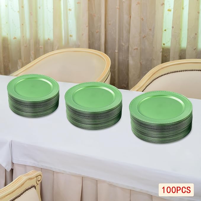100 PCS Antique Charger Plates, Vintage Round Plastic Dinner Plates with Textured Edges, Stackable Tabletop Chargers for Weddings Parties Restaurants (Green)